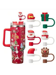 thermos cup holder is decorated with christmas decorations and santa's helpers