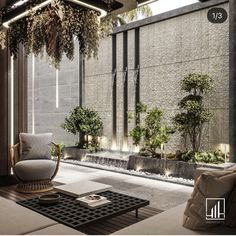 a living room filled with lots of plants next to a wall covered in greenery