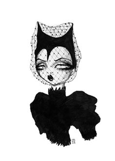 a black and white drawing of a cat wearing a netted headdress with eyes closed