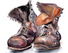 a painting of two old worn boots on a white background with watercolors and ink