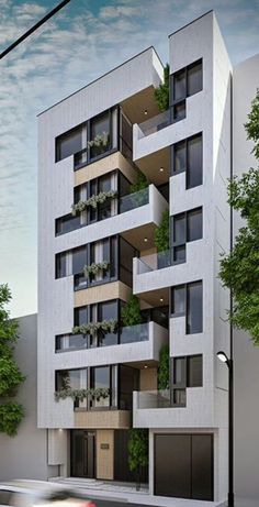 an apartment building with balconies and plants growing on the windows is shown in this rendering