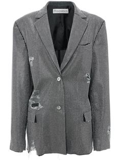 studded distressed-effect blazer from JW Anderson featuring indigo blue, cotton, silver-tone stud detailing, distressed finish, notched lapels, front button fastening, long sleeves, chest welt pocket, two side flap pockets, central rear vent and raw-cut hem. Blazer Blue, Jw Anderson, Wedding Board, Suit Fashion, Indigo Blue, Blazers For Women, Outerwear Women, Welt Pocket