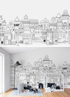 the wallpaper in this bedroom is drawn with black and white ink