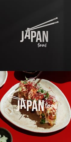 a plate with food on it and the words japan feed written in white letters above it