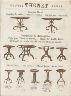 an old book with different types of tables and stools on it's sides