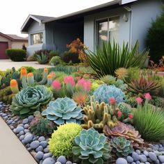 an assortment of succulents in front of a house with gravel and rocks