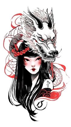 a woman with long hair and a wolf head on her forehead, wearing a red flower crown