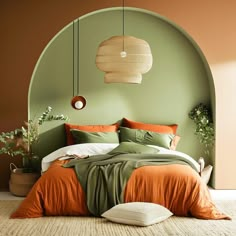 an orange and green bed in a bedroom next to potted plants on the wall