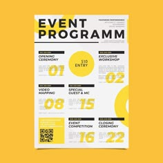 an event program flyer with yellow and black numbers on the front, and two circles in the back