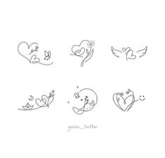 six different tattoos that have hearts and birds on them, with the words love written in each