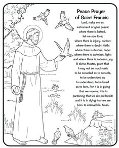 a coloring page with the words peace prayer and an image of jesus holding a dove