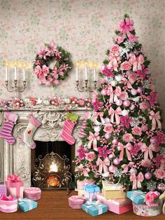 a decorated christmas tree in front of a fireplace with presents on the mantle next to it