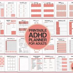 the printable planner for adults is shown in pink and white, with orange accents