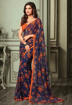 Printed Georgette Saree in Navy Blue Dark Blue Colour, Saree Floral, Designer Kurtis, Designer Saree Blouse Patterns, Utsav Fashion, Chiffon Floral