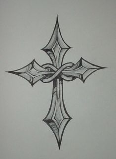 a drawing of a cross that is drawn in black and grey ink on white paper