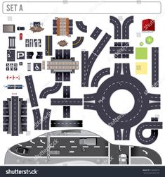 a set of roads and streets in the form of a map with cars, trucks and buildings