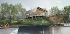 an artist's rendering of a boathouse on the water with people in it