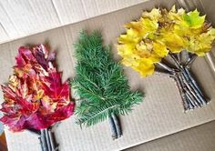 three different types of flowers are placed on a cardboard box with pine needles and leaves