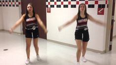 two young women are dancing in the middle of a dance floor with their arms outstretched