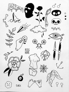 black and white drawing of various tattoos on a piece of paper with writing underneath it