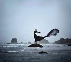 a woman standing on top of a rock in the ocean holding an umbrella over her head