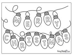 merry christmas lights coloring page with the word merry on it and an ornament hanging from