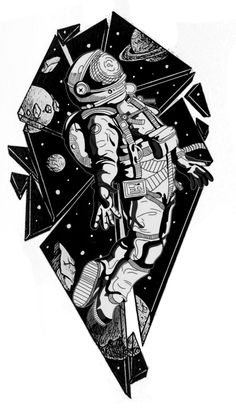 a drawing of an astronaut in space surrounded by stars and other things on the ground