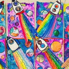 art project for kids with space theme and rocket ship, planets, and rainbow colors