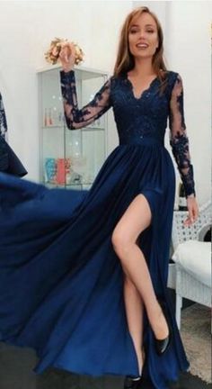 Dark Blue Prom Dresses, Dark Blue Prom Dress, Navy Blue Formal Dress, Neon Prom Dresses, Hale Navy, Navy Blue Prom Dresses, 파티 드레스, V Neck Prom Dresses, Long Sleeve Prom