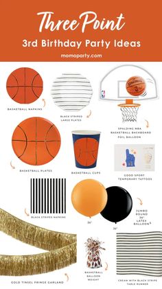 an orange and white party guide with basketball decorations