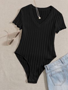 V Neck Bodysuit, Knit Sleeve, Short Sleeve Bodysuit, Womens Bodysuit, Black Bodysuit