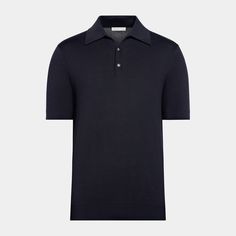 With a slim silhouette and ribbed hem that offers a polished, relaxed charm, this navy knitted polo boasts a softly structured collar and lustrous mother-of-pearl buttons. Knitted Polo, Tuxedo Pants, Wardrobe Classic, The Navy, Mother Of Pearl Buttons, Pearl Buttons, Mulberry Silk, Mother Of Pearl, Soft Fabrics