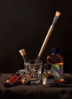 an oil painting of bottles and brushes next to a glass filled with liquid, toothbrushes and other items