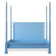 a blue bed with two posts and a mattress on it's side, viewed from the front