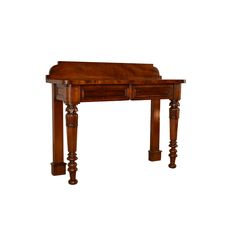 19th century mahogany console table from England with modern and clean lines. The backsplash is nicely shaped on the ends over a gorgeously grained top. The top follows down to simple paneled sides and two drawers in the front of the piece, which are also paneled. The table is supported on simple legs with capped and molded feet in the back, for easy placement against a wall and hand turned legs in the front with lovely carvings for added design flair. The serving height is 32.5 inches. Table Furniture, Console Table, Backsplash, The Table, 19th Century, England, Carving, The Top, For Sale