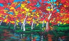 an oil painting of trees in fall colors by the water's edge with reflections