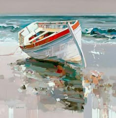 a painting of two boats on the beach