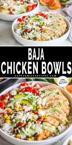 two pictures of chicken bowls with rice, tomatoes and avocado on the side