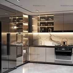 a modern kitchen with marble counter tops and stainless steel appliances, along with built - in shelving