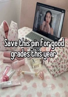 a laptop computer sitting on top of a table next to makeup and cosmetics bags with the words save this pin for good grade this year