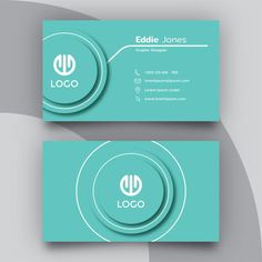 two business cards with circular shapes on the front and back, one is light blue