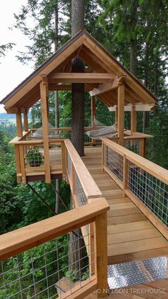 a wooden deck with hammocks in the trees and on the other side is a tree house