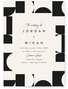 the black and white geometric pattern is featured in this modern wedding card, which features an elegant