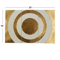 a gold and white abstract painting with circles on it's sides, measurements for each piece