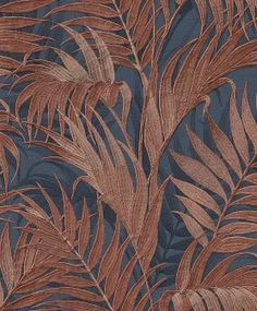 a blue and brown wallpaper with leaves on it