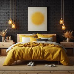 a bedroom with black brick walls and yellow linens on the bed, along with hanging lights