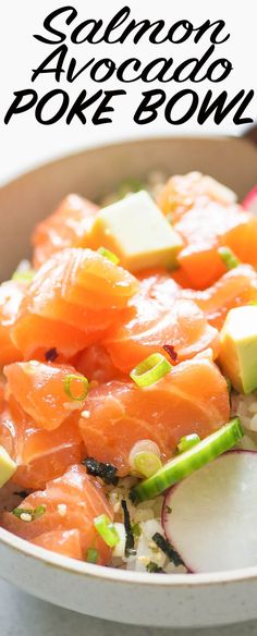 the salmon poke bowl is ready to be eaten