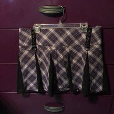 Plaid With Pleated Black Sheer Inlay And Leather Detail On Front. Zipper In Back. 1xl Purple Pleated Mini Skirt For School, Purple Fitted Mini Skirt For School, Purple Skort For School, Purple Cotton Mini Skort, Purple Cotton Skort, Purple Cotton Lined Mini Skirt, Matching Skirt Set, Vinyl Skirting, Plaid Pleated Mini Skirt