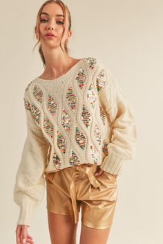 My Time To Shine Sweater – IZEL BOUTIQUE Winter Outfits Christmas, Knitting Things, Knit Cardigan Pattern, Crochet Knit Stitches, Embellished Sweaters, Beaded Sweater, Ivory Sweater, Sequin Sweater, Fashion Attire