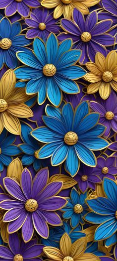 an image of blue and yellow flowers with gold leaves on it's petals, as well as the colors of their petals